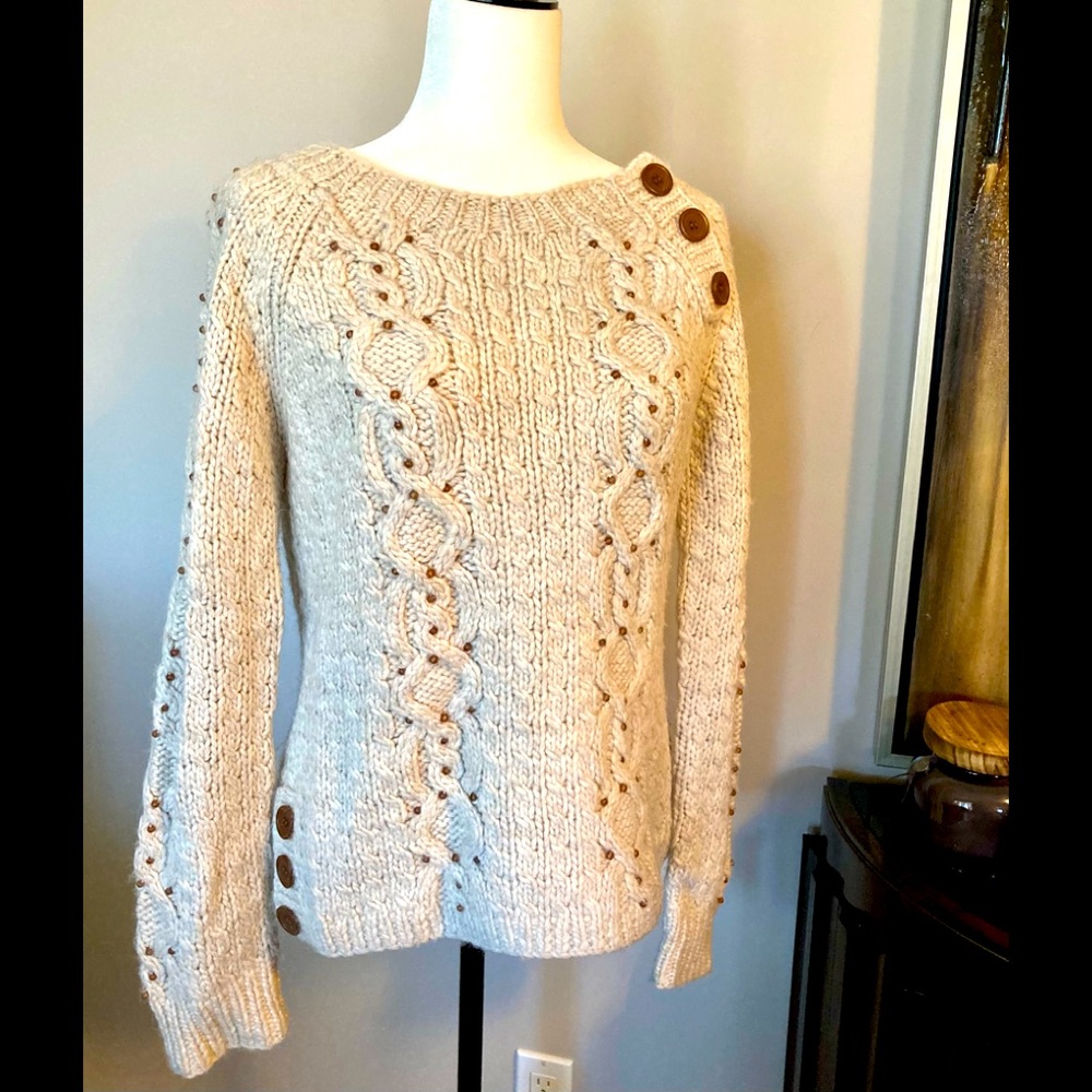 Vintage DKNY Wool Cable knit Sweater w Bead Detail
